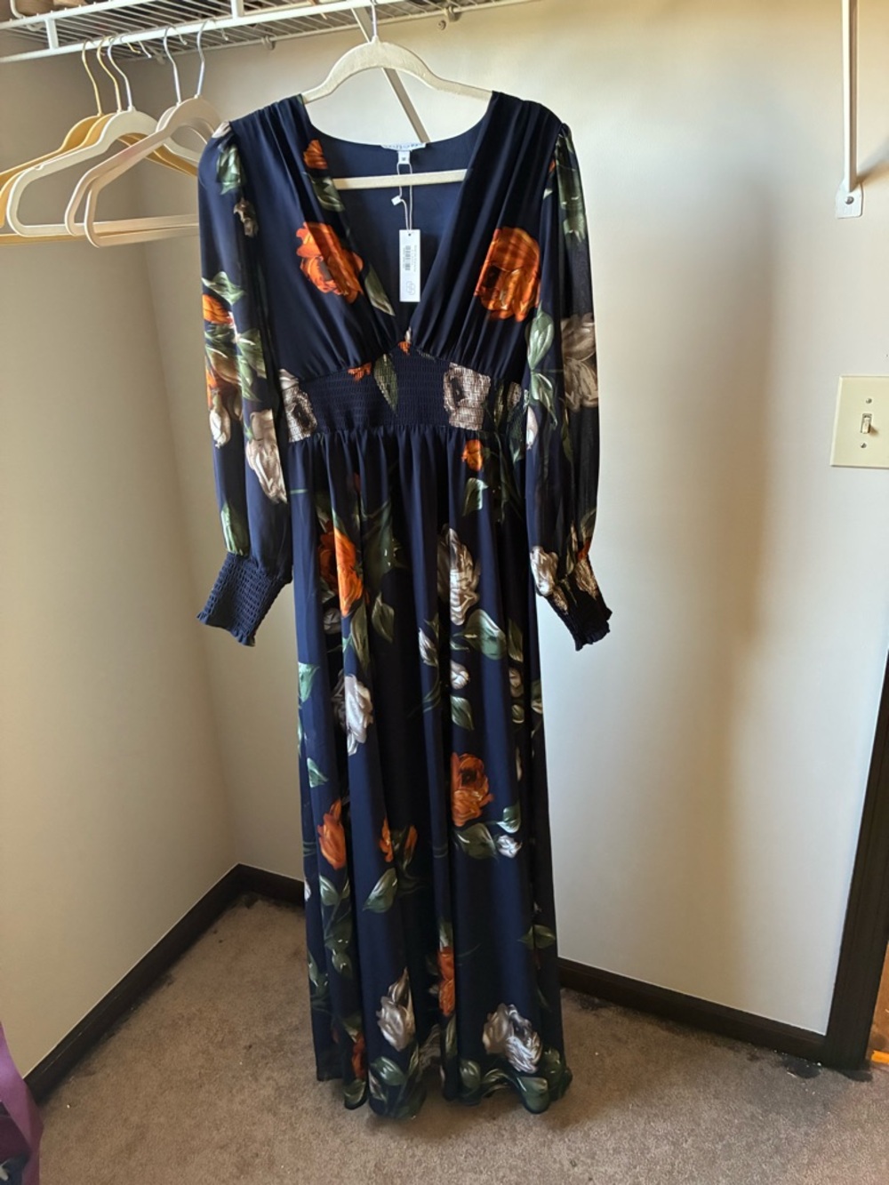 Women's Navy Floral Maxi Dress with Smocked Waist